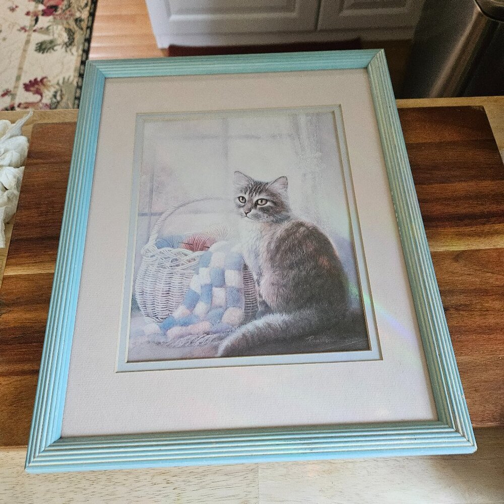 Ruane Manning cat and quilt picture in pretty blue frame signed Ruane Manning